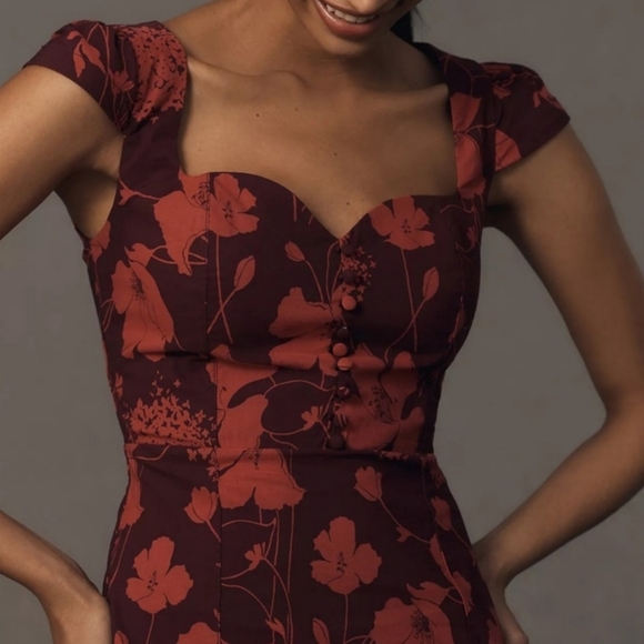 Maeve by Anthropologie Cecily Sweetheart Midi Dress Red Floral Fit & Flare SZ Lg - Picture 2 of 16